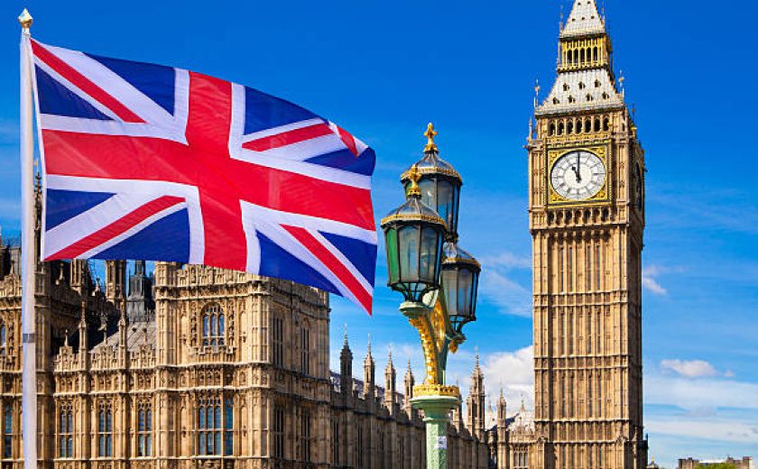 British flag, Big Ben, Houses of Parliament and British flag composition